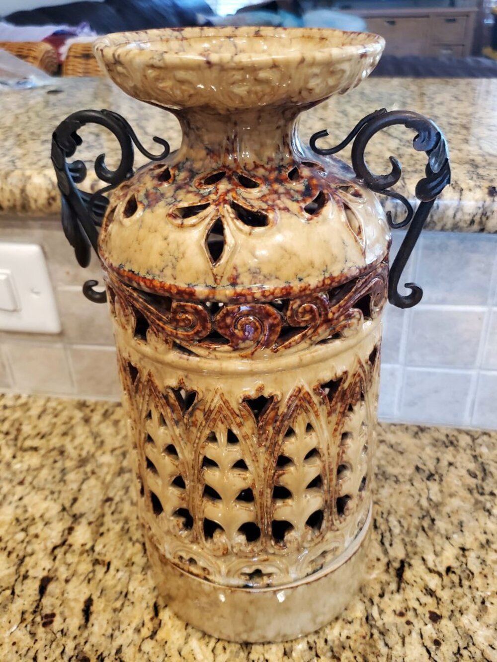 Vintage Pierced Ceramic Art Deco /Candle Holder with Wrought Iron Handles 11”